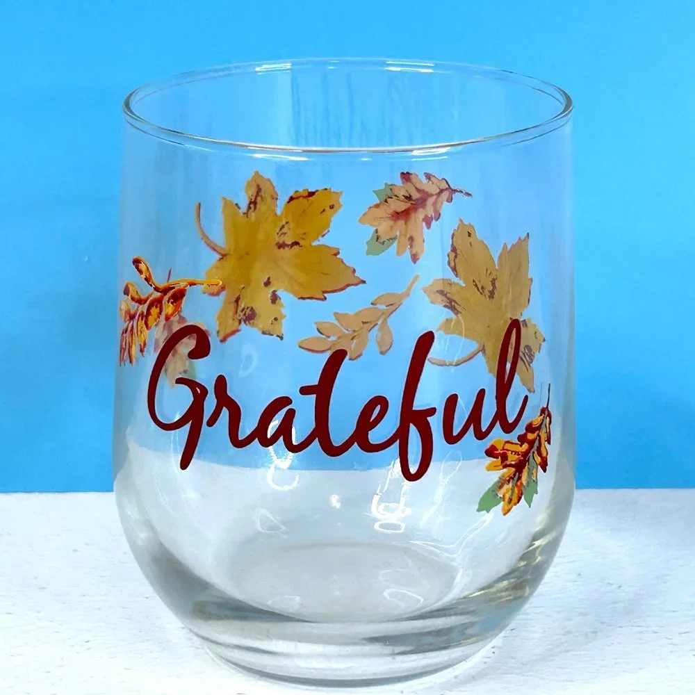 Set of 2‎ Royal Norfolk Autumn Fall Leaves GRATEFUL Stemless Wine Juice Glasses